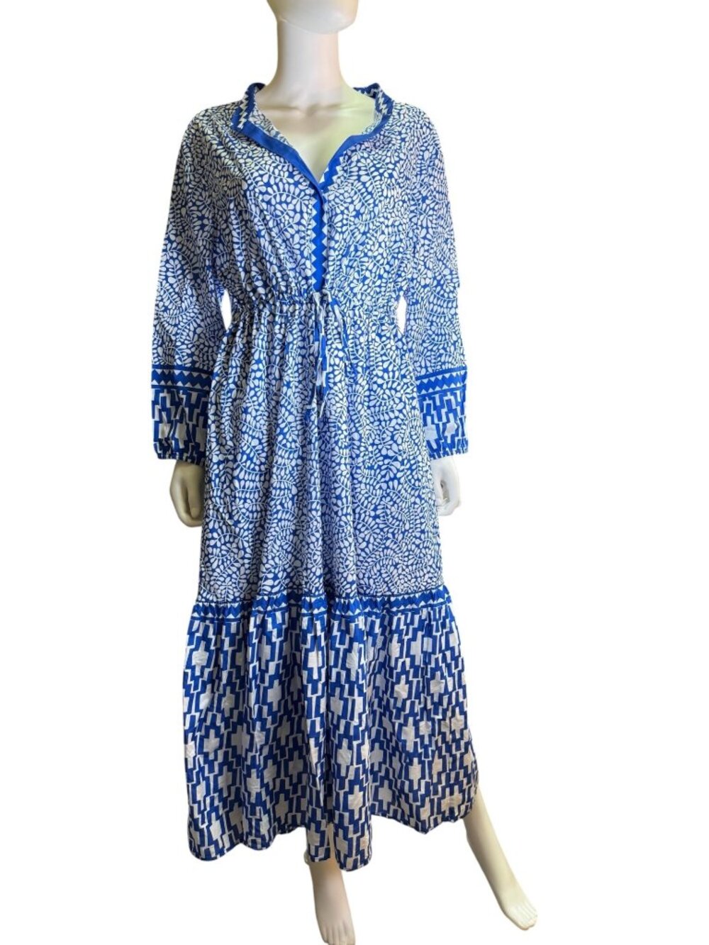 Lesley Evers Long-Sleeve Boho Maxi Dress With Abstract Geometric 1X Spring NWT